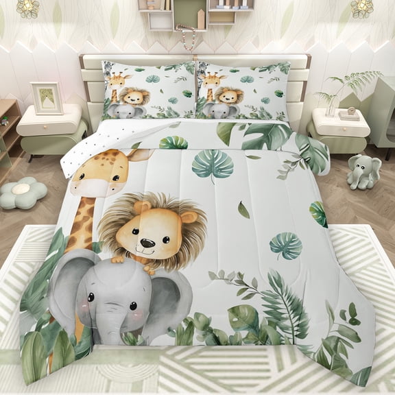 Manfei Cute Elephant Lions Bedding Comforter Set,Zoo Animal Giraffe Twin Comforter Sets,Tropical Botanical Monstera Leaf Bedding Set For Boys Kids,Super Cozy Room Decor Reversible,2-Piece