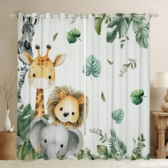 Manfei Cute Elephant Lions Black Out Curtains,Zoo Animal Giraffe Curtains Pack of 2 (42x63 Each),Tropical Botanical Monstera Leaf Bedroom Curtains For Boys Kids,Super Cozy Room Decor