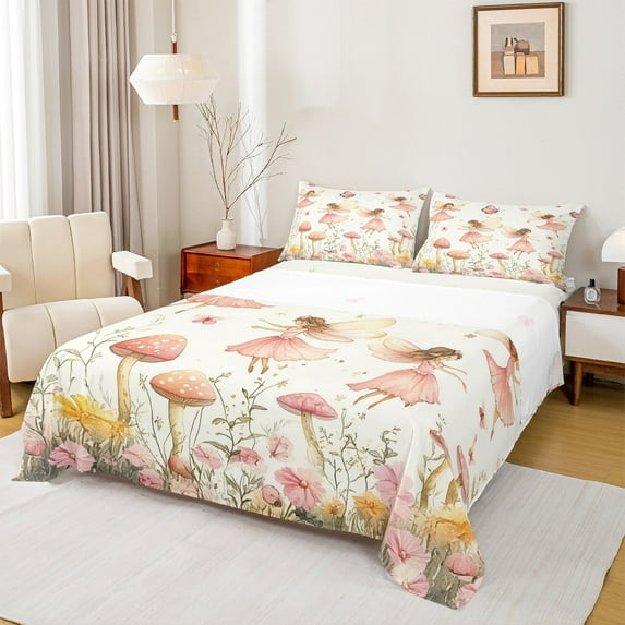 Manfei Cute Elf Full Size Sheets 4pcs for Girls, Kawaii Mushroom Floral Bed Sheets, Fairy Tale Sheet Sets, Breathable Home Decor