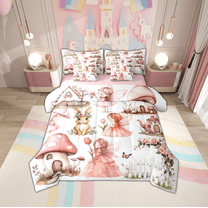 Manfei Cute Elf Girls 7-Piece Twin Bedding Sets,Magic Mushroom House Bedding Comforter Set,Kawaii Wild Rabbit Sheet Sets For Kids,Breathable Home Decor Reversible