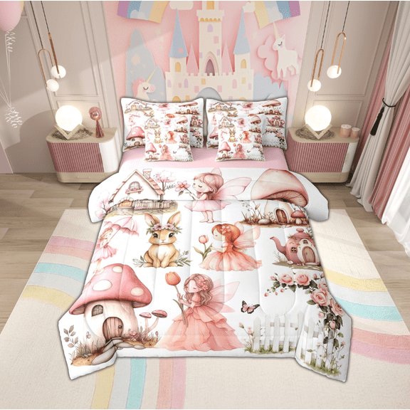 Manfei Cute Elf Girls 7-Piece Twin Bedding Sets,Magic Mushroom House Bedding Comforter Set,Kawaii Wild Rabbit Sheet Sets For Kids,Breathable Home Decor Reversible