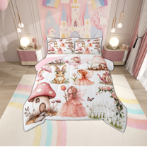 Manfei Cute Elf Girls Bedding Comforter Set,Magic Mushroom House Twin Comforter Sets,Kawaii Wild Rabbit Bedding Set For Kids,Breathable Home Decor Reversible,2-Piece