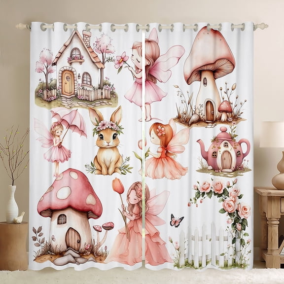 Manfei Cute Elf Girls Blackout Curtains Set of 2 (52x84 Each),Magic Mushroom House Window Curtains,Kawaii Wild Rabbit Curtains and Drapes For Kids,Breathable Home Decor