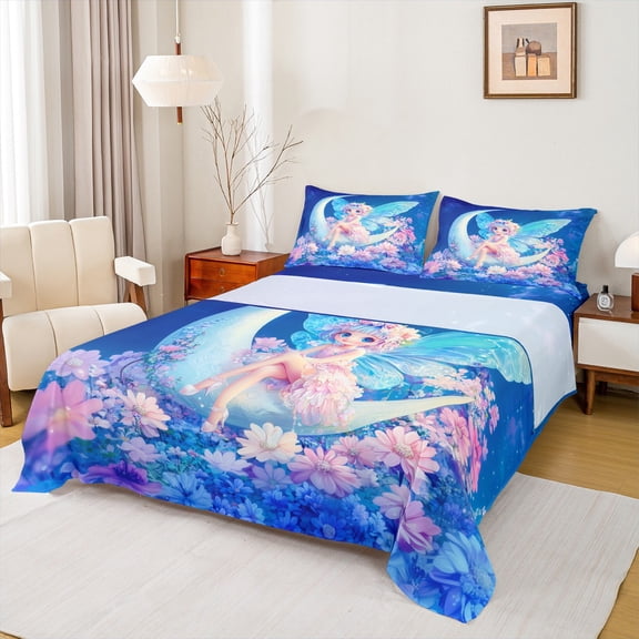 Manfei Cute Elf Princess Twin Sheet Sets,Kawaii Flowers Floral Twin Fitted Sheet,Pink Blue Flat Sheet For Girls Kids,Microfiber Bedroom Decor,3pcs