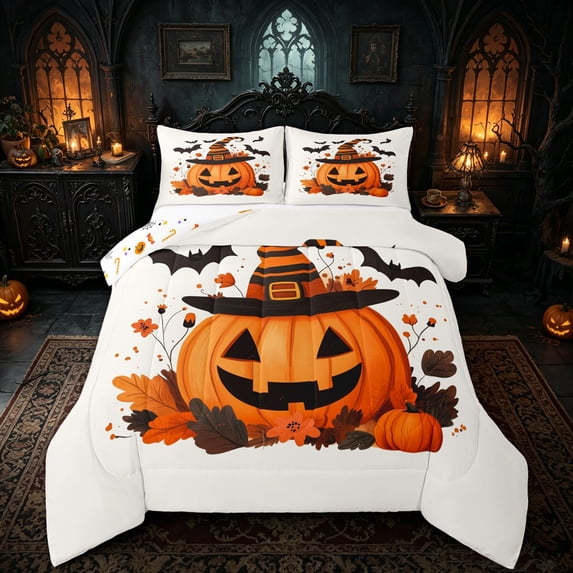 Manfei Cute Fall Halloween Pumpkin Full Size Comforter Sets for Kids, Magical Witch Hat Bat Bedding Comforter Set, Halloween Reversible, 3 Pieces, 1 Comforter and 2 Pillowcases