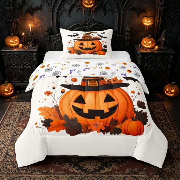 Manfei Cute Fall Halloween Pumpkin Twin Comforter Sets for Kids, Magical Witch Hat Bat Bedding Set, Halloween Reversible, 2 Pieces, 1 Comforter and 1 Pillowcase