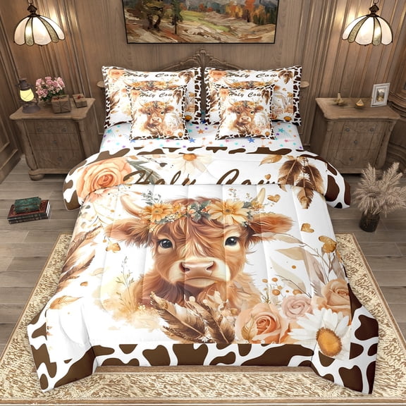 Homewish Cute Farmhouse Cow Twin Bedding Sets 7-Piece, Kawaii Flower Animal Bedding Comforter Set, Teens Kids Boys Girls Reversible Sheet Sets, Microfiber Bedroom Decor