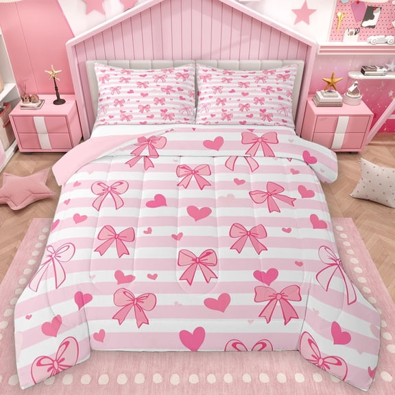 Manfei Cute Fashion Ribbon Bedding Comforter Set for Girl, Fashion Pink Stripes Twin Comforter Sets, Cartoon Love Heart Reversible Bedding Set, Microfiber Bedroom Decor, 2pcs