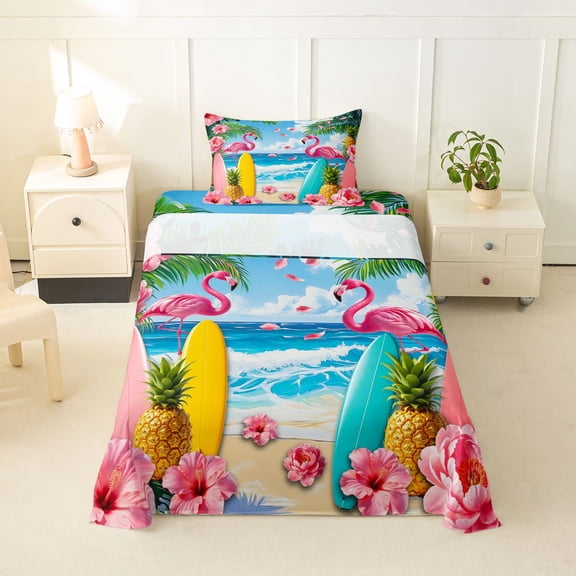Manfei Cute Flamingos Twin Sheets,Colorful Surfboards Pink Floral Bedding,3pcs,1 Fitted Sheet and 1 Pillowcase