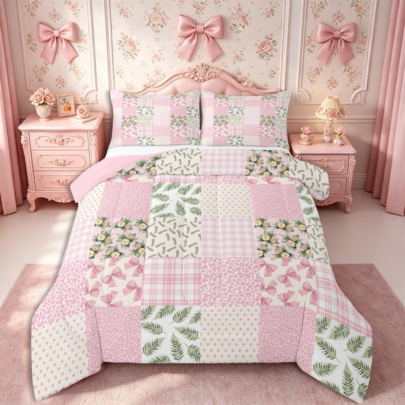 Manfei Cute Floral Bow Full Size Comforter Sets 3-Piece,Checkered Leopard Print Bedding Comforter Set,1 Comforter and 2 Pillowcases,Reversible