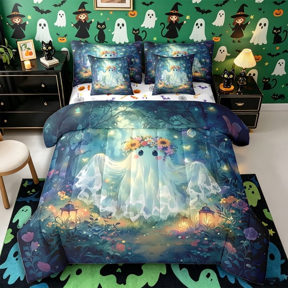 Manfei Cute Floral Ghost 7-Piece Twin Bedding, Sunflower Butterfly Halloween Bedding Comforter Set, Blue Green Yellow,Reversible