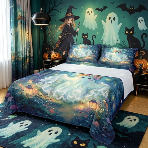 Manfei Cute Floral Ghost King Sheets 4pcs, Sunflower Butterfly Halloween Bedding, Blue Green Yellow,1 Fitted Sheet, 1 Flat Sheet and 2 Pillowcases