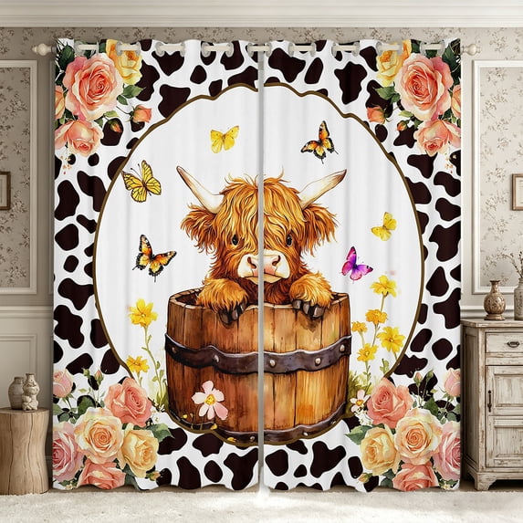 Manfei Cute Floral Highland Cattle Kitchen Curtains,Cow Print Black Out Curtains Pack of 2 (42x63 Each),White Brown