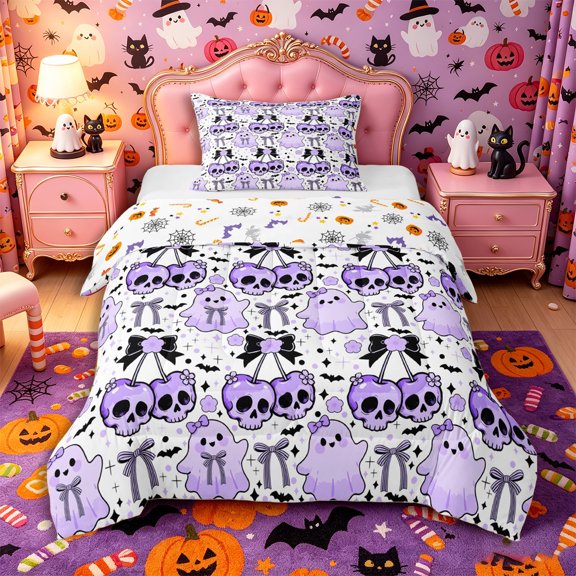 Manfei Cute Floral Skull Cherry Twin Comforter Sets 2pcs, Halloween Cartoon Ghost Bedding Set, Violet White Black,Reversible,1 Comforter and 1 Pillowcase