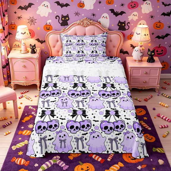 Manfei Cute Floral Skull Cherry Twin Sheets 3pcs, Halloween Cartoon Ghost Bedding, Violet White Black,1 Fitted Sheet, 1 Flat Sheet and 1 Pillowcase
