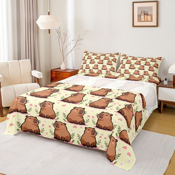 Manfei Cute Flower Capybara 4 Pieces Queen Sheet Sets for Children Teens,Cartoon Floral Animal Ultra Soft Flat Sheet,Spring Garden Queen Fitted Sheet,Ultra Soft Home Decor