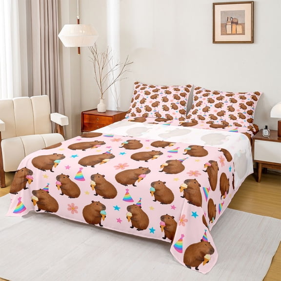 Manfei Cute Flower Capybara 4pcs Bed Sheets for Children Teens,Cartoon Floral Animal King Sheets,Birthday Theme Super Cozy Sheet Set,Ultra Soft Home Decor