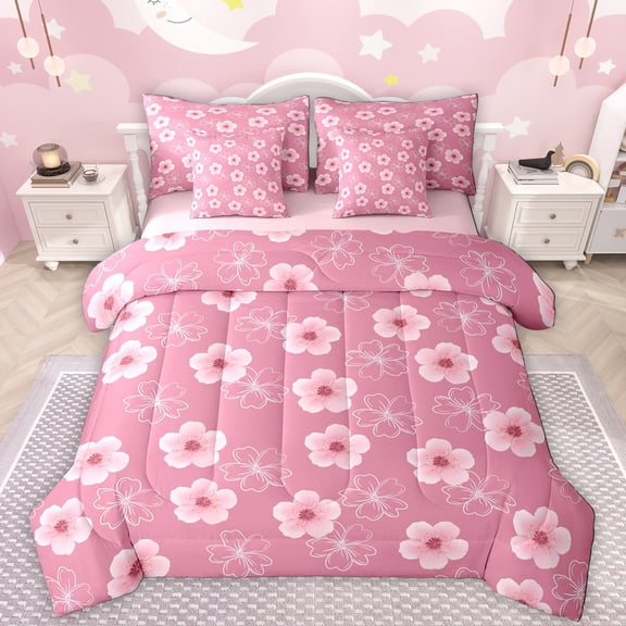 Manfei Cute Flower Daisy 7-Piece Twin Bedding Sets,Kawaii Cherry Blossom Bedding Comforter Set,Country Floral Sheet Sets For Girls,Breathable Home Decor Reversible