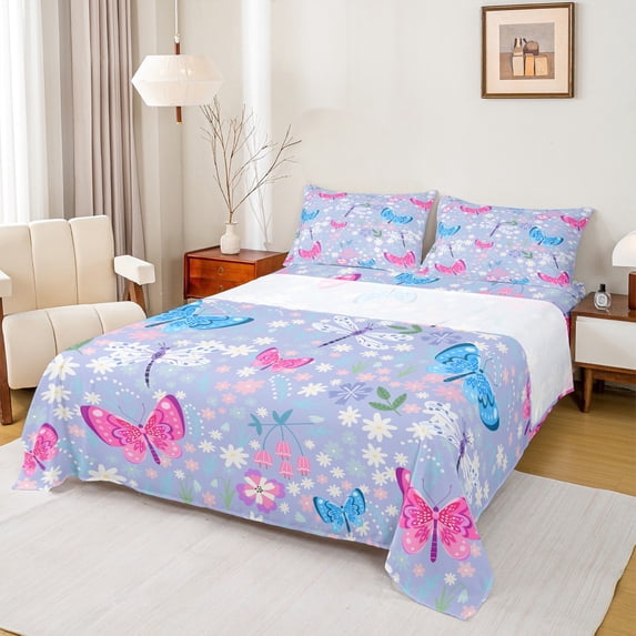 Manfei Cute Flower Daisy Full Size Sheets,Pink Blue Butterfly Bed Sheets,Rustic Plant Sheet Sets For Kids,Breathable Home Decor,4 Pieces