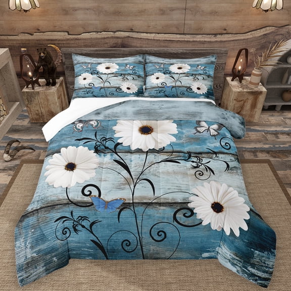 Manfei Cute Flower Daisy Queen Comforter Set,Old Barn Door Bedding Sets,White Blue Bedding Comforter Set For Girls,Breathable Home Decor,3pcs