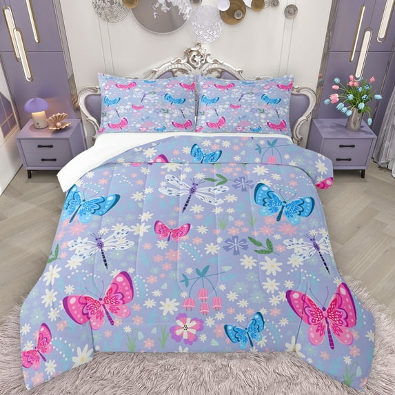 Manfei Cute Flower Daisy Queen Comforter Set,Pink Blue Butterfly Bedding Sets,Rustic Plant Bedding Comforter Set For Kids,Breathable Home Decor,3pcs