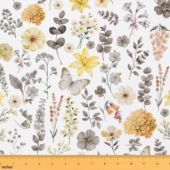 Manfei Cute Flower Fabric by the Yard 5 Yards, Spring Butterfly Fabric for Sewing, Gray Dusty Yellow