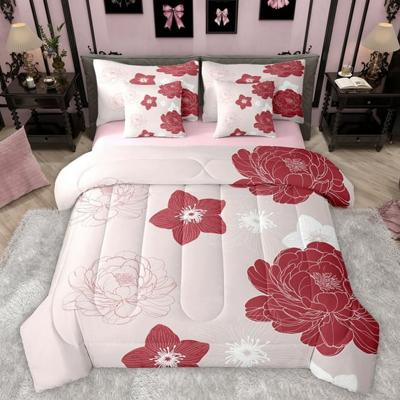 Manfei Cute Flower Floral 7pcs Bedding Comforter Set,Retro Minimalism Aesthetic Queen Bedding Sets,Red Pink Queen Sheet Sets For Kids,Luxury Bedroom Decor Reversible