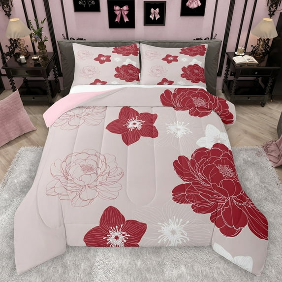 Manfei Cute Flower Floral Bedding Comforter Set,Retro Minimalism Aesthetic Twin Comforter Sets,Red Pink Bedding Set For Kids,Luxury Bedroom Decor Reversible,2pcs
