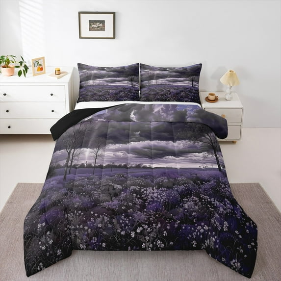 Manfei Cute Flower Floral King Size Comforter Sets,Rustic Farmhouse Cabin Bedding Comforter Set,Purple White Gray Bedding Set For Teens,Super Cozy Room Decor Reversible,3-Piece