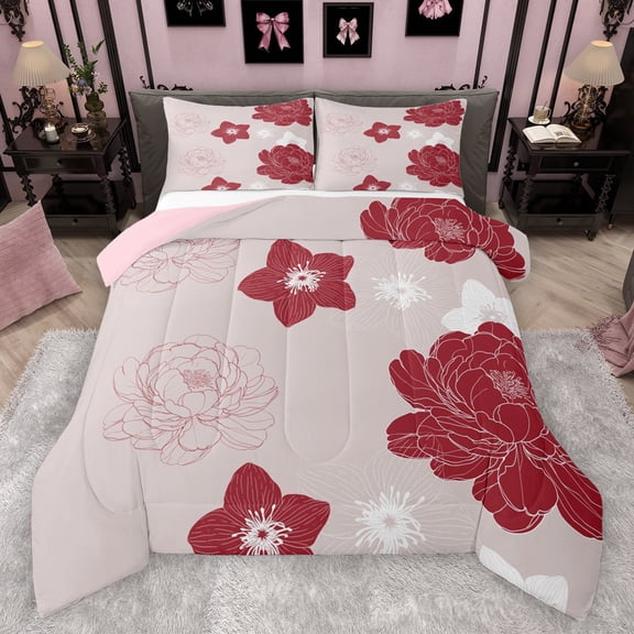 Manfei Cute Flower Floral Queen Comforter Set,Retro Minimalism Aesthetic Bedding Sets,Red Pink Bedding Comforter Set For Kids,Luxury Bedroom Decor Reversible,3 Pieces