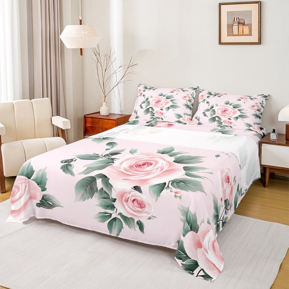 Manfei Cute Flower Rose Full Size Sheets,Rustic Floral Bed Sheets,Pink Green Sheet Sets For Girls,Luxury Bedroom Decor,4 Pieces