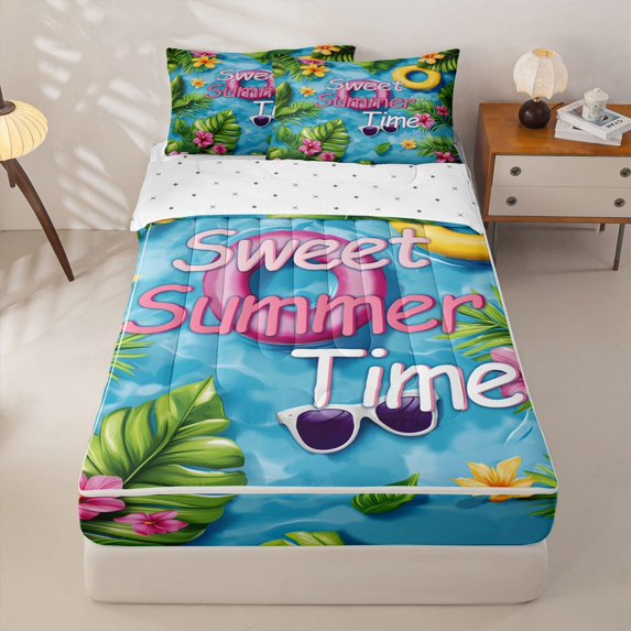 Manfei Cute Flower Zipper Twin Comforter Sets with Fitted Sheet and 2 Pillowcases,Summer Swim Ring Zipper Bedding Set,Pink Blue,Reversible,4pcs