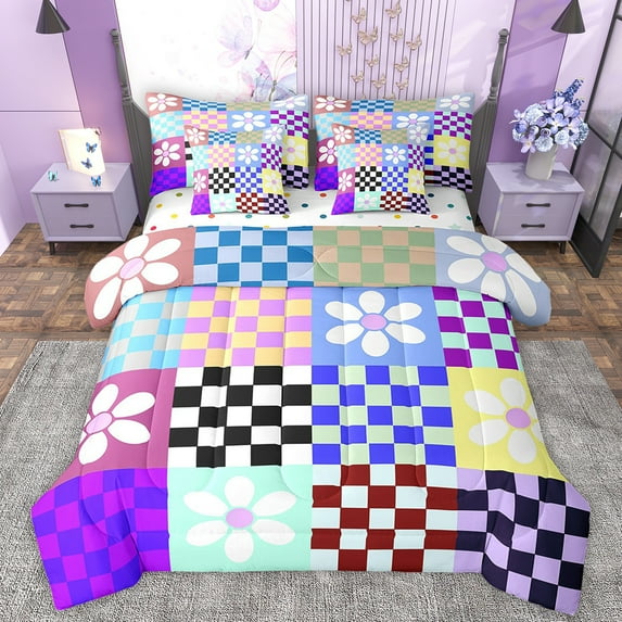 Manfei Cute Flowers 7-Piece Twin Bedding Sets,Classic Geometric Checkered Bedding Comforter Set,Colorful Plaid Grid Sheet Sets For Girls Kids,Ultra Soft Home Decor Reversible