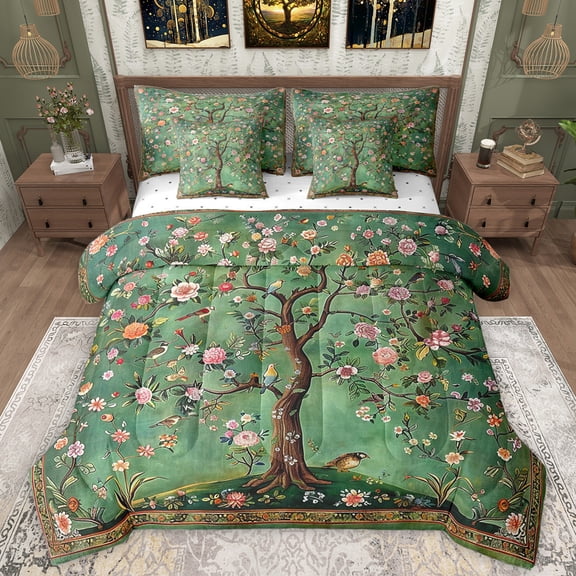 Manfei Cute Flowers 7 Pieces Bedding Comforter Set,Wild Birds Full Bedding Set,Natural Botanical Tree Fitted Sheet Flat Sheet For Girls Kids,Super Cozy Room Decor Reversible