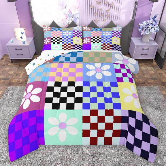 Manfei Cute Flowers Bedding Comforter Set,Classic Geometric Checkered Twin Comforter Sets,Colorful Plaid Grid Bedding Set For Girls Kids,Ultra Soft Home Decor Reversible,2 Pieces