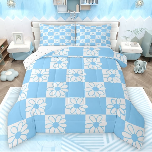 Manfei Cute Flowers Bedding Comforter Set,Kawaii Daisy Twin Comforter Sets,White Blue Bedding Set For Girls Kids,Ultra Soft Home Decor Reversible,2pcs