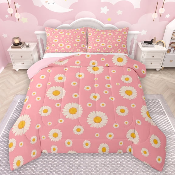 Manfei Cute Flowers Bedding Comforter Set,Kawaii Daisy Twin Comforter Sets,Yellow Pink Bedding Set For Girls Kids,Ultra Soft Home Decor Reversible,2-Piece