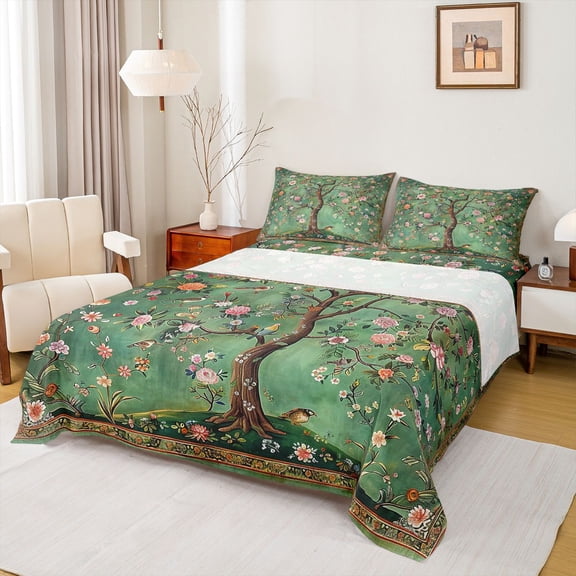 Manfei Cute Flowers Full Size Sheets,Wild Birds Bed Sheets,Natural Botanical Tree Sheet Sets For Girls Kids,Super Cozy Room Decor,4-Piece