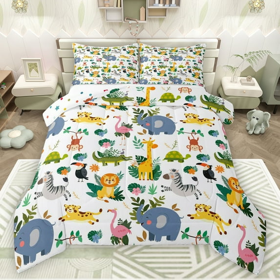 Manfei Cute Zoo Animals Queen Comforter Set (3-Piece) Wild Lions Griaffe Cozy Decor For Girls