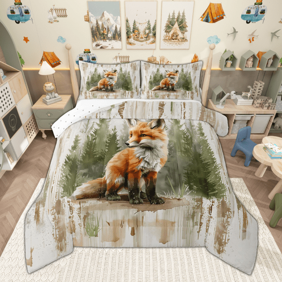 Manfei Cute Fox Full Size Comforter Sets for Children, Cartoon Woodland Animal Bedding Comforter Set, Green Pine Tree Bedding Sets, Lightweight Room Decor Reversible 3 Pieces
