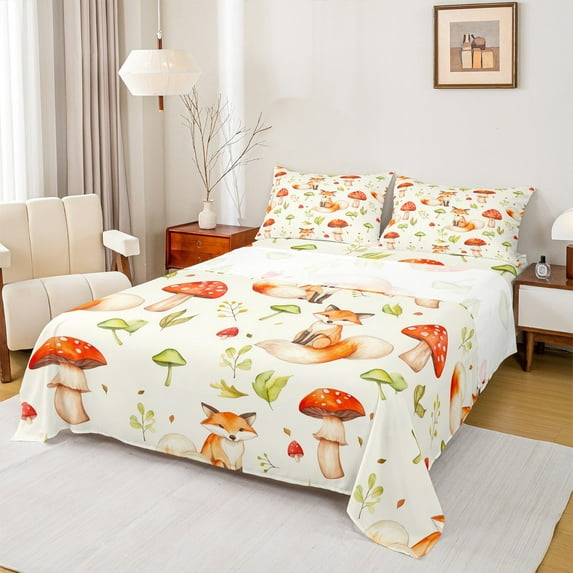 Manfei Cute Fox Full Size Sheets,Tropical Botanical Mushroom Bed Sheets,Red Green Beige Sheet Sets For Girls Teens,Ultra Soft Home Decor,4-Piece