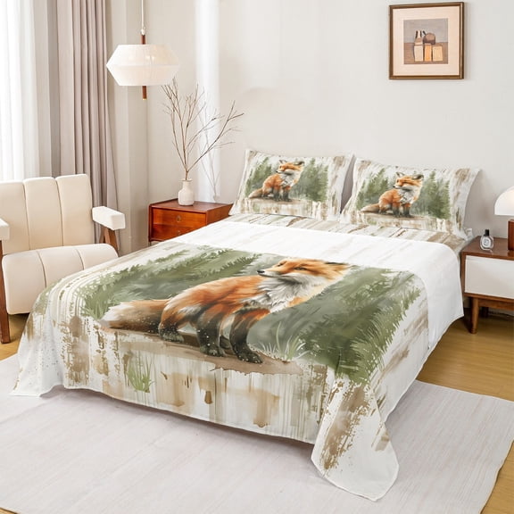 Manfei Cute Fox Queen Sheet Sets for Children, Cartoon Woodland Animal Flat Sheet, Green Pine Tree Queen Fitted Sheet, Lightweight Room Decor 4-Piece