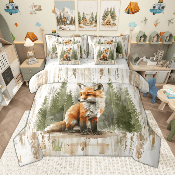 Manfei Cute Fox Twin Bedding Sets 7pcs for Children, Cartoon Woodland Animal Bedding Comforter Set, Green Pine Tree Sheet Sets, Lightweight Room Decor