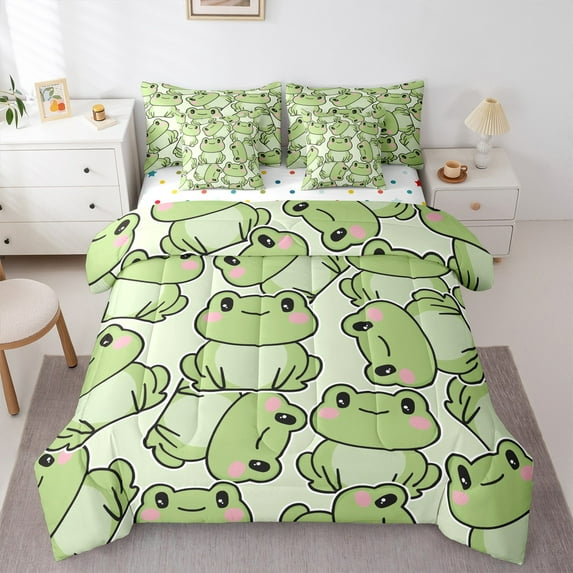 Manfei Cute Frog 7-Piece Twin Bedding Sets,Rustic Wild Animal Bedding Comforter Set,Cartoon Frog Sheet Sets For Kids,Luxury Bedroom Decor Reversible