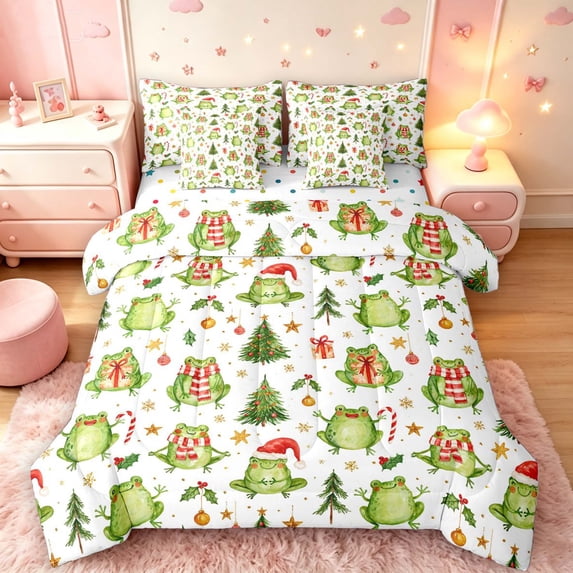 Manfei Cute Frog 7 Pieces Full Size Bedding Sets,Traditional Christmas Tree Santa Hat Full Size Bed in a Bag,Green White,Polkadot Reversible