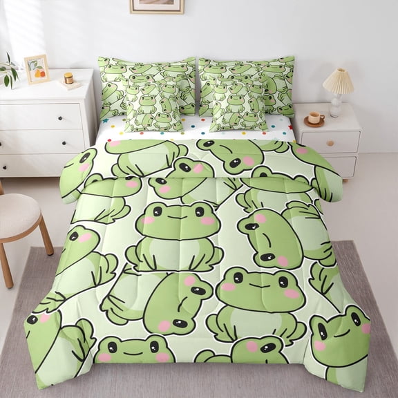 Manfei Cute Frog 7pcs Bedding Comforter Set,Rustic Wild Animal Queen Bedding Sets,Cartoon Frog Queen Sheet Sets For Kids,Luxury Bedroom Decor Reversible