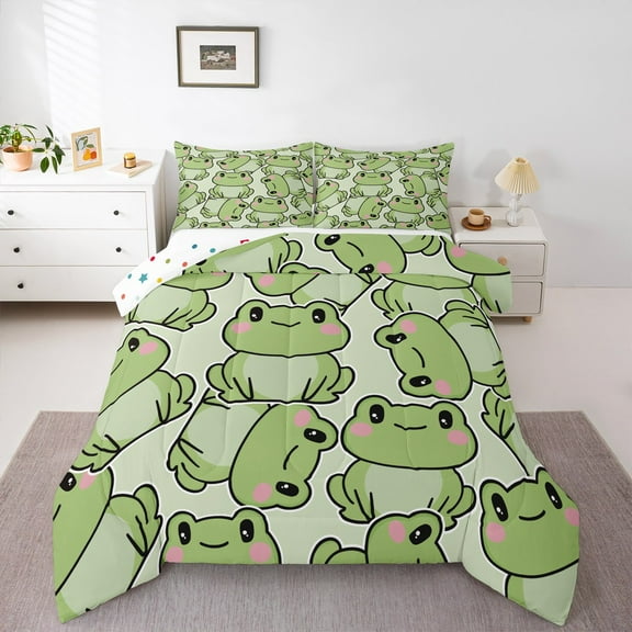 Manfei Cute Frog Queen Comforter Set,Rustic Wild Animal Bedding Sets,Cartoon Frog Bedding Comforter Set For Kids,Luxury Bedroom Decor Reversible,3pcs