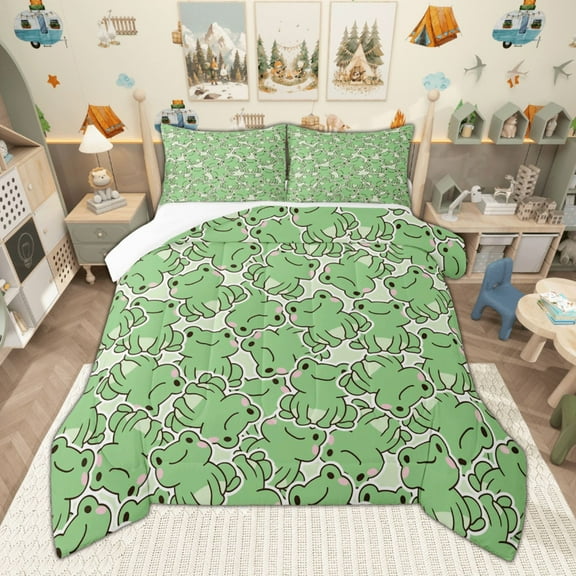 Manfei Cute Frog Queen Comforter Set for Kids, Cartoon Animal Bedding Sets, Kawaii Green Bedding Comforter Set, Breathable Home Decor 3-Piece