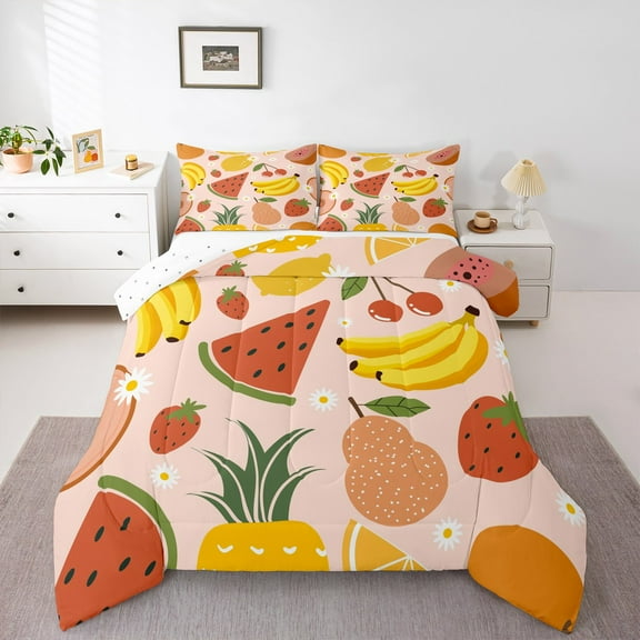 Manfei Cute Fruit Comforter Sets Queen Size,Watermelon Strawberry Banana Comforters & Duvets,Flower Floral Daisy Bedding Queen Comforter Set,Breathable Bedroom Decorative Reversible,3-Piece