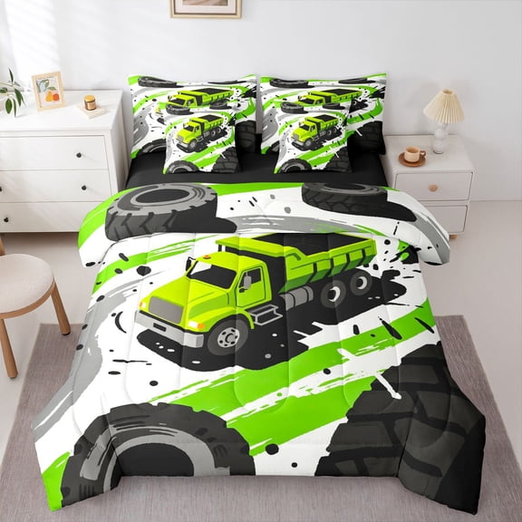 Manfei Cute Garbage Truck 7-Piece Twin Bedding,Boys Friendly Print Bedding Comforter Set,Green,Black Reversible